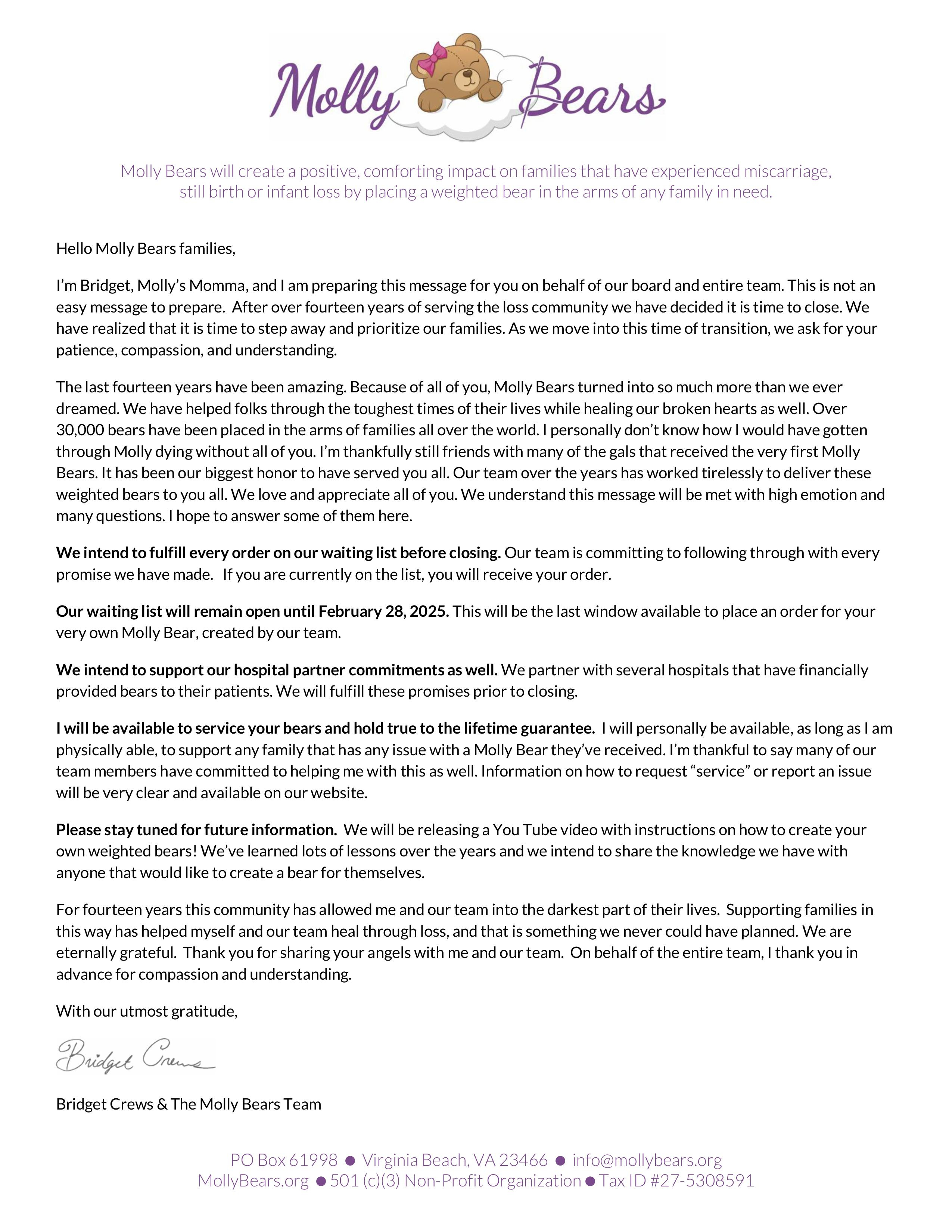 Molly Bears Closing Message 2025